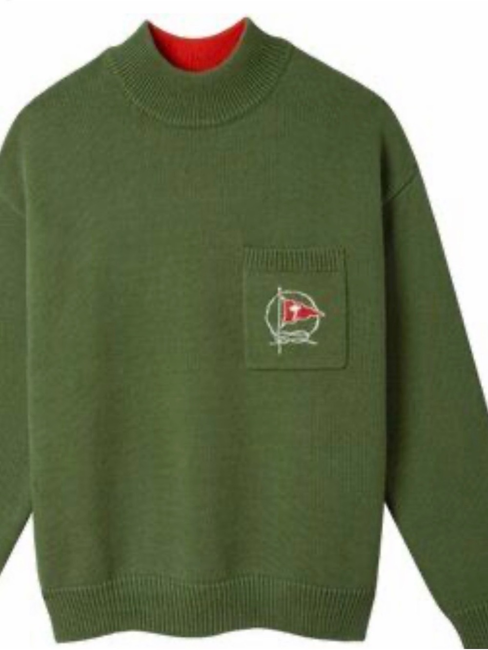 Men's Olive Green Crewneck Sweater with Contrast Red Lining and Pocket Emblem